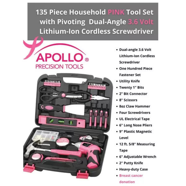 Apollo 135-Piece Home Tool Kit in Pink