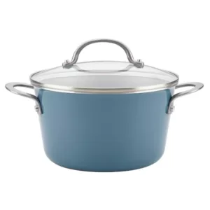 Ayesha Curry Home Collection 4.5 Qt. Twilight Teal Porcelain Enamel Non-Stick Covered Saucepot