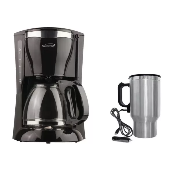 Brentwood Appliances 12-Cup Black Coffee Maker with 16 oz. Stainless Steel Heated Travel Mug and 12-Volt Car Adapter