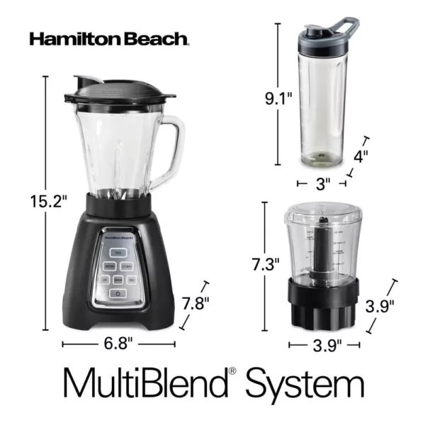 Hamilton Beach Multiblend 52 oz. 6-Speed Black Countertop Blender with Glass Jar and Travel Jar and Food Chopper
