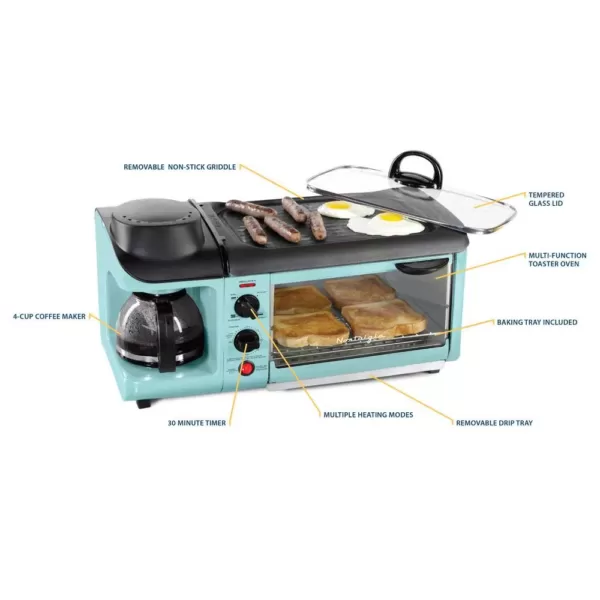 Nostalgia Retro Breakfast Center 1500 W 4-Slice Blue Toaster Oven with Built-In Timer