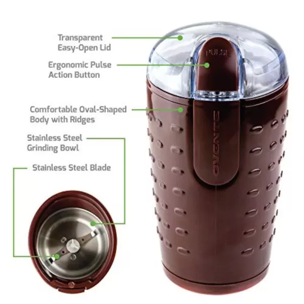 Ovente 2.5 oz. Brown One-Touch Electric Coffee Grinder with Transparent Easy Open Lid and Stainless Steel Blades