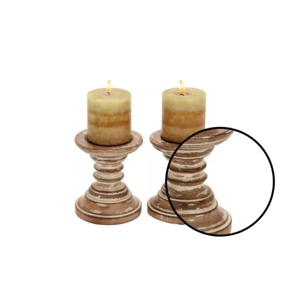 LITTON LANE 6 in. Oak Brown with Beige Tapered Segmented Round Candle Holders