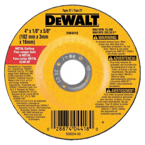 DEWALT 4 in. x 1/8 in. x 5/8 in. General Purpose Metal Cutting Wheel
