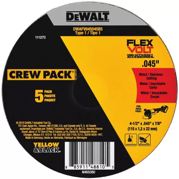 DEWALT FLEXVOLT 4-1/2 in. x 0.045 in. x 7/8 in. Cutting Wheel (5-Pack) Type 1