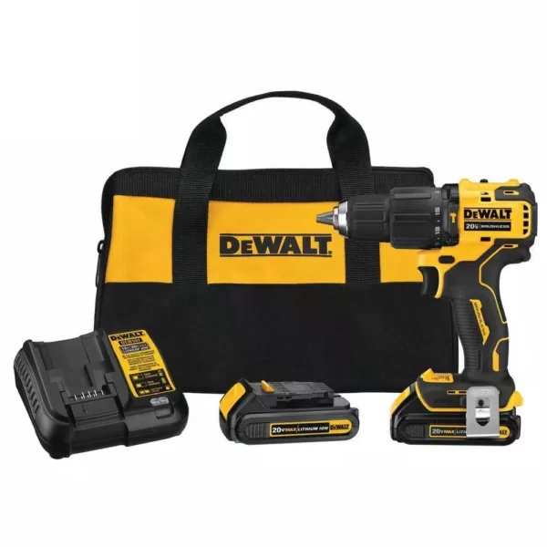 DEWALT ATOMIC 20-Volt MAX Cordless Brushless Compact 1/2 in. Hammer Drill, (2) 20-Volt 1.3Ah Batteries, Charger & Bag