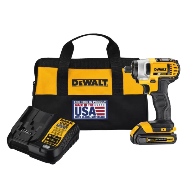 DEWALT 20-Volt MAX Cordless 1/4 in. Impact Driver, (1) 20-Volt 1.3Ah Battery, Charger & Bag