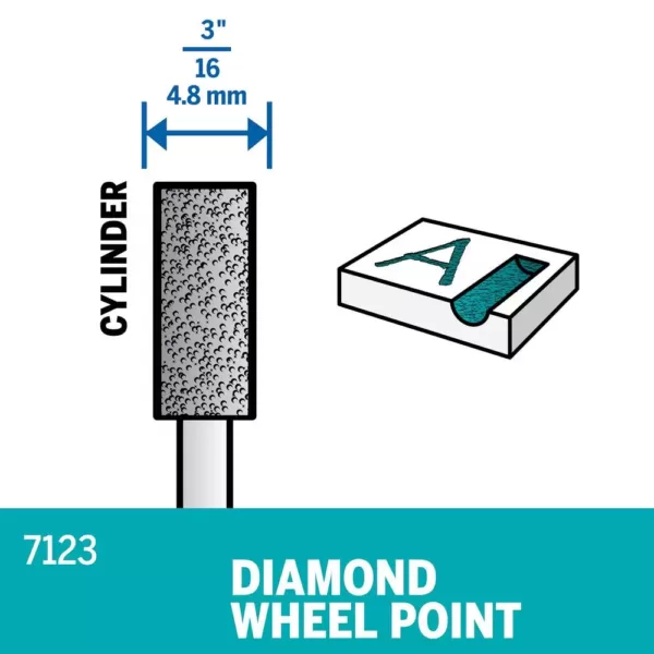 Dremel 3/16 in. Rotary Accessory Diamond Wheel Cylinder Point for Wood, Ceramic, Glass, Hardened Steel + Semi-Precious Stones