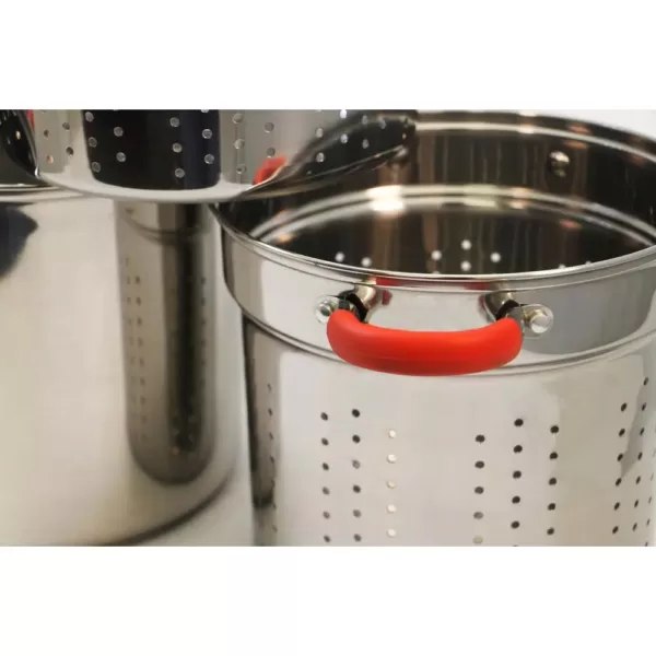 ExcelSteel 8 Qt. Stainless Steel Multi-Cooker Pasta Pot with Lid and Red Silicone Handles