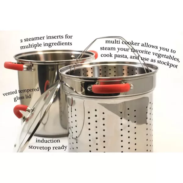 ExcelSteel 8 Qt. Stainless Steel Multi-Cooker Pasta Pot with Lid and Red Silicone Handles
