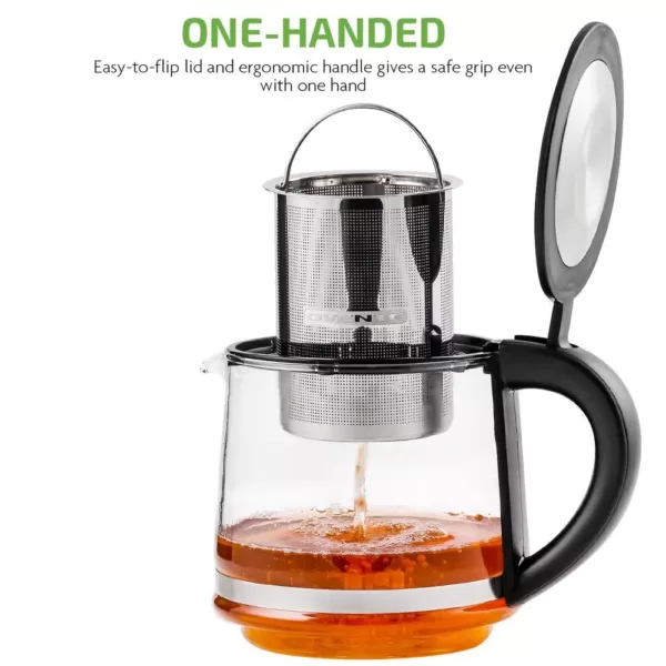 Ovente 3.4-Cup Black Glass Tea Kettle with Tea Infuser for Loose-Leaf Tea, Compatible with KG612S (FGK27B)