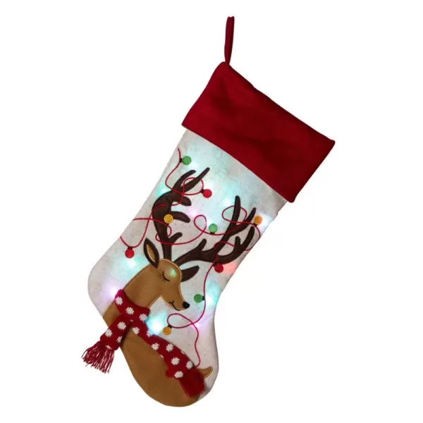Glitzhome 21 in. L LED Embroidered Linen Christmas Stocking - Reindeer