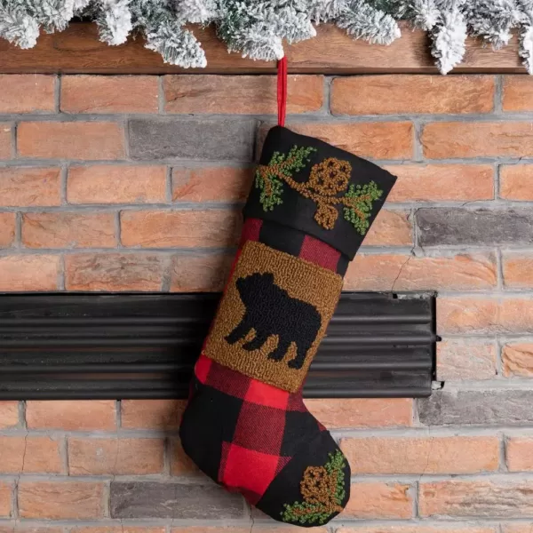Glitzhome 19 in. Polyester/Acrylic Plaid Christmas Stocking with Rug Hooked Bear