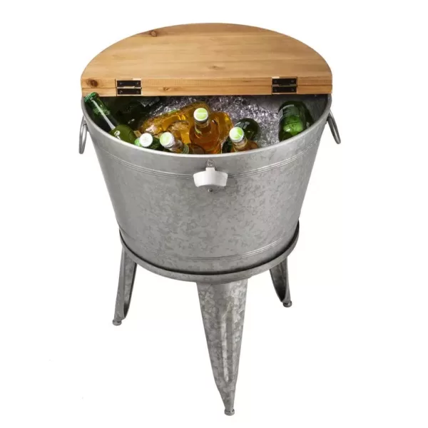 Glitzhome 26.29 in. H Gray Galvanized Beverage Tub with Metal Stand or Accent Table with Firwood Lid