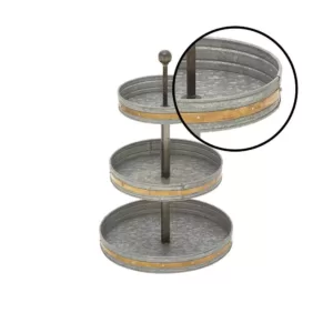 LITTON LANE 24 in. 3-Tiered Round Gray Iron Tray Stand with Copper Band Accents
