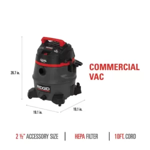 RIDGID 14 Gal. 2-Stage HEPA Commercial Wet/Dry Shop Vacuum with Filter, Dust Bag, Professional Hose and Accessories