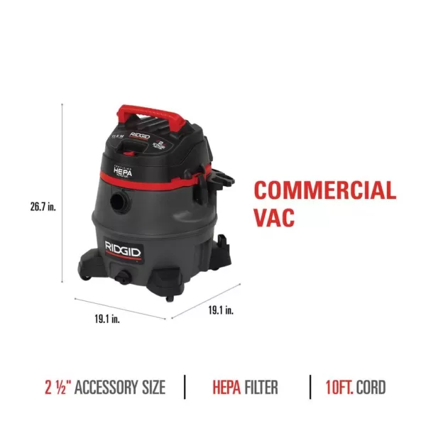 RIDGID 14 Gal. 2-Stage HEPA Commercial Wet/Dry Shop Vacuum with Filter, Dust Bag, Professional Hose and Accessories