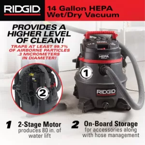 RIDGID 14 Gal. 2-Stage HEPA Commercial Wet/Dry Shop Vacuum with Filter, Dust Bag, Professional Hose and Accessories