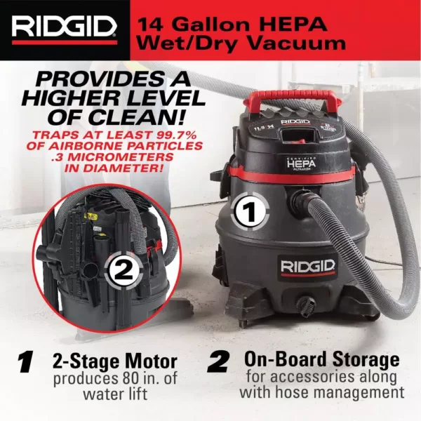 RIDGID 14 Gal. 2-Stage HEPA Commercial Wet/Dry Shop Vacuum with Filter, Dust Bag, Professional Hose and Accessories