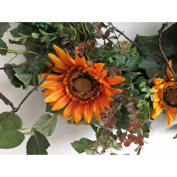 Glitzhome 24 in. Unlit Green Artificial Wreath with Golden Orange Sunflowers