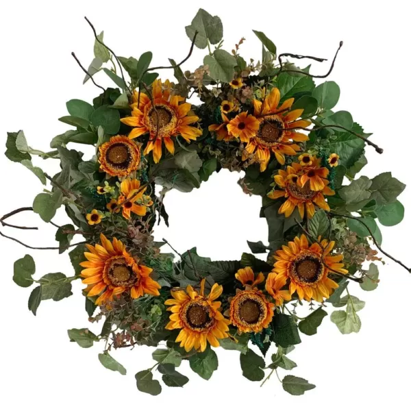 Glitzhome 24 in. Unlit Green Artificial Wreath with Golden Orange Sunflowers