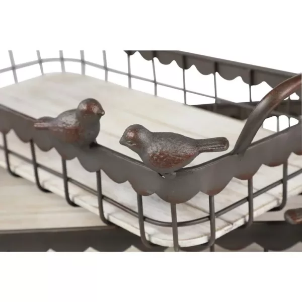 LITTON LANE Rectangular Brown Wood and Metal Decorative Trays with Bird Figurines (Set of 3)