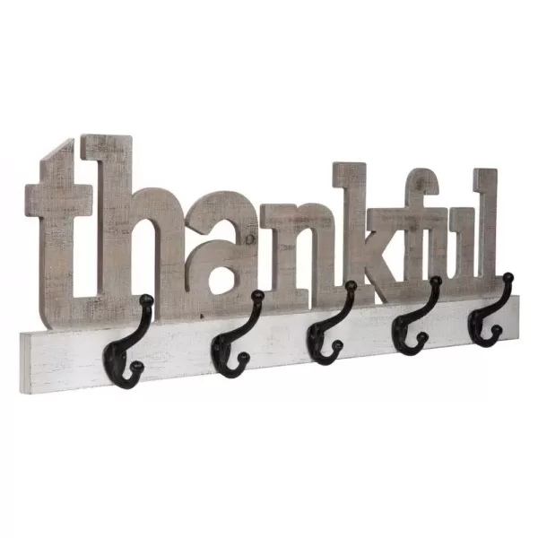 Pinnacle Rustic Thankful Gray Wood Decorative Sign with Hooks