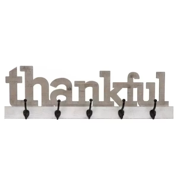 Pinnacle Rustic Thankful Gray Wood Decorative Sign with Hooks