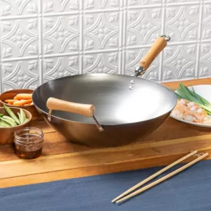 Honey-Can-Do Joyce Chen 14 in. Silver Carbon Steel Wok with Easy-Grab Birchwood Handle