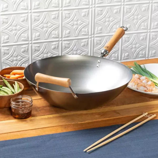 Honey-Can-Do Joyce Chen 14 in. Silver Carbon Steel Wok with Easy-Grab Birchwood Handle