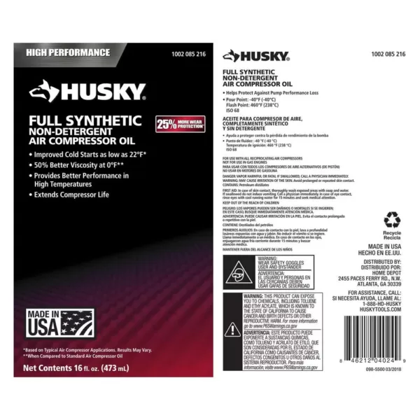 Husky 16 oz. 100% Full Synthetic Compressor Oil
