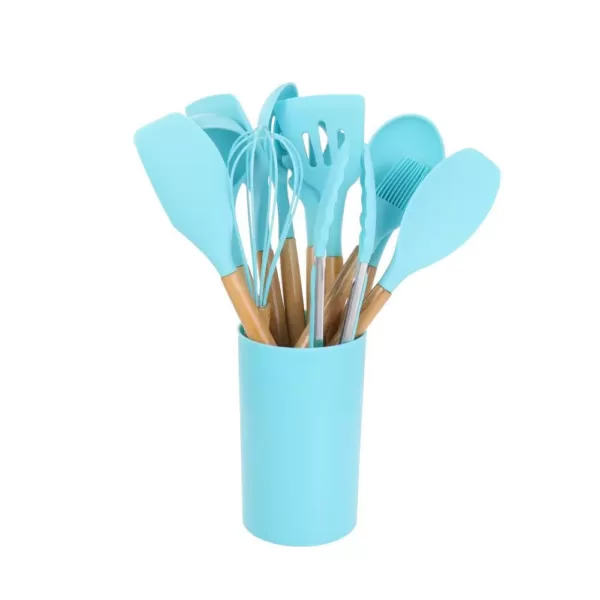 MegaChef Light Teal Silicone and Wood Cooking Utensils (Set of 12)