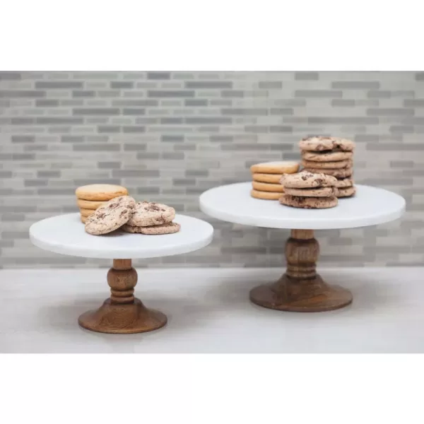 LITTON LANE 10 in. x 5 in. White Marble and Brown Wood Cake Stand