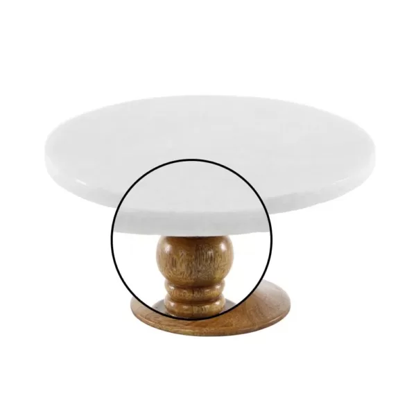 LITTON LANE 10 in. x 5 in. White Marble and Brown Wood Cake Stand