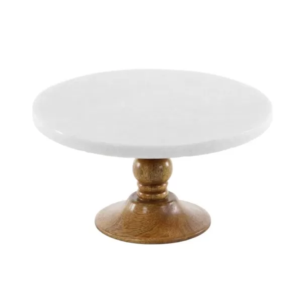 LITTON LANE 10 in. x 5 in. White Marble and Brown Wood Cake Stand