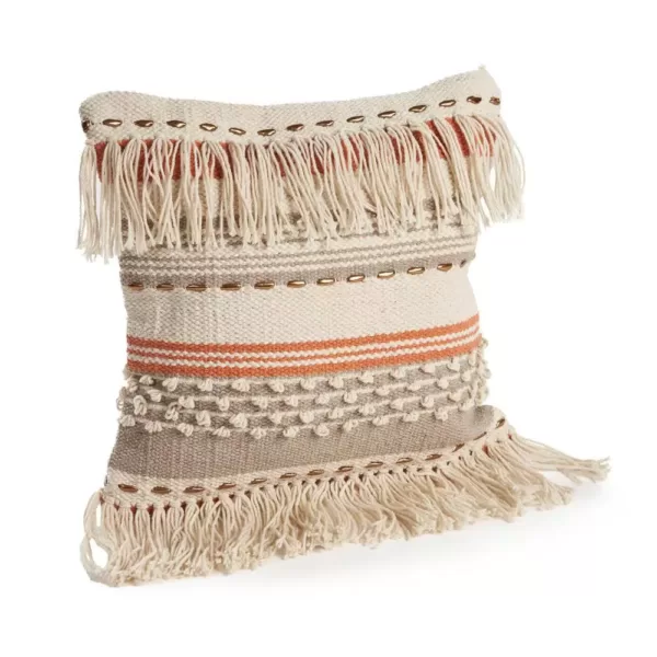 LR Resources Chic Fringe Beige Striped Hypoallergenic Polyester 18 in. x 18 in. Throw Pillow