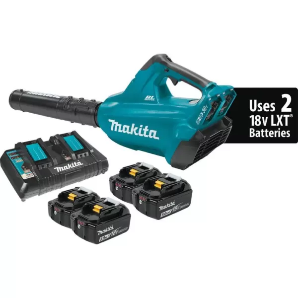 Makita 18-Volt X2 (36V) LXT 473 CFM 120 MPH Brushless Cordless Blower Kit with 4 Batteries (5.0Ah) with Flat End Nozzle, XBU02Z