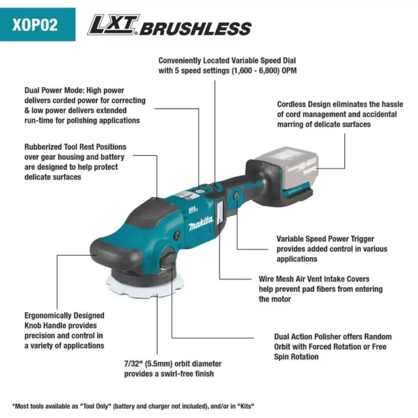 Makita 18-Volt LXT Lithium-Ion Brushless Cordless 5 in./6 in. Dual Action Random Orbit Polisher Kit (5.0Ah)