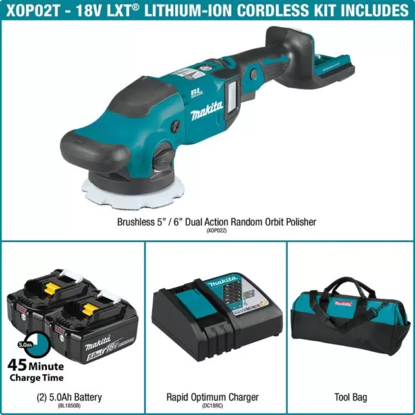 Makita 18-Volt LXT Lithium-Ion Brushless Cordless 5 in./6 in. Dual Action Random Orbit Polisher Kit (5.0Ah)