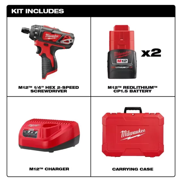 Milwaukee M12 12-Volt Lithium-Ion Cordless 1/4 in. Hex 2-Speed Screwdriver Kit with Two 1.5 Ah Batteries and Hard Case