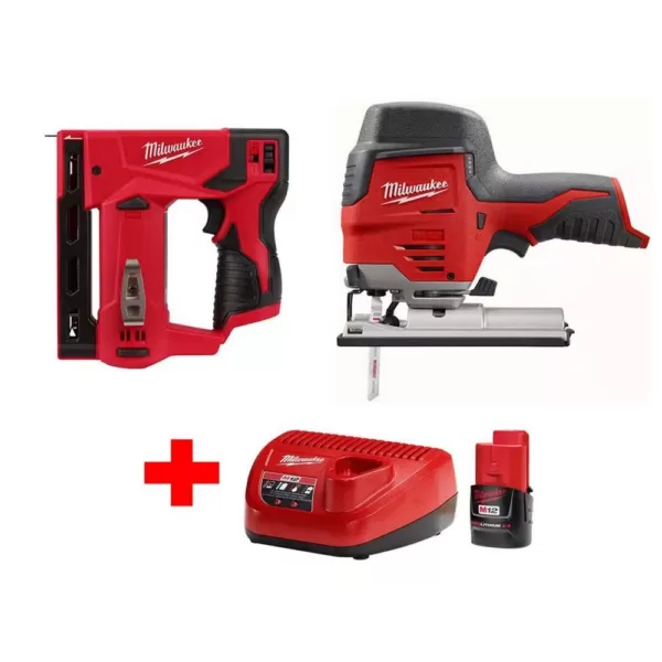 Milwaukee M12 12-Volt Lithium-Ion Cordless Jig Saw and 3/8 in. Crown Stapler Combo Kit W/ (1) 2.0Ah Battery and Charger