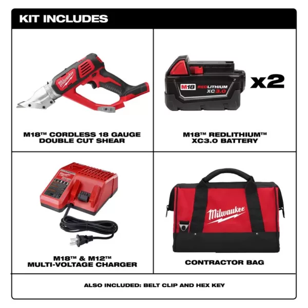 Milwaukee M18 18-Volt Lithium-Ion Cordless 18-Gauge Double Cut Metal Shear Kit W/(2) 3.0Ah Batteries, Charger, Tool Bag