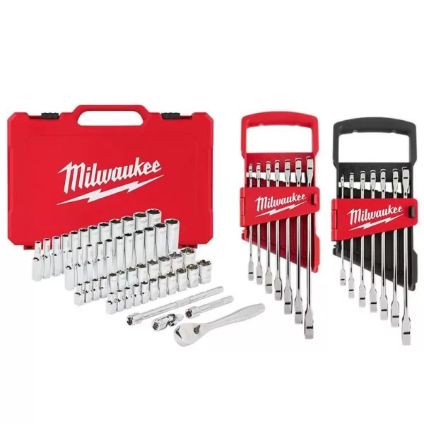 Milwaukee 1/4 in. Drive SAE/Metric Ratchet/Socket/ Combination Ratcheting Wrench Mechanics Tool Set (64-Piece)