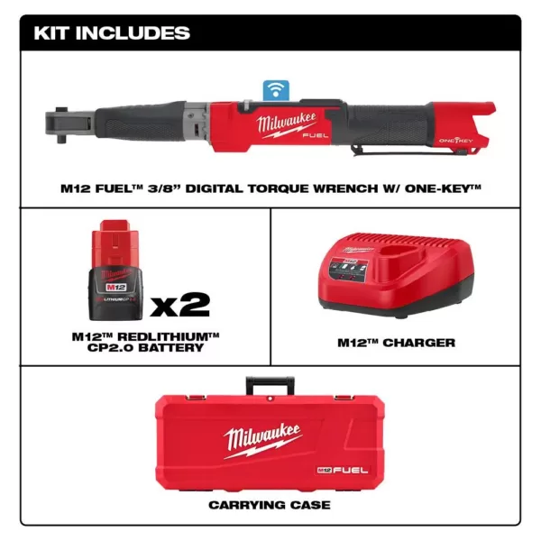 Milwaukee M12 FUEL ONE-KEY 12-Volt Lithium-Ion Brushless Cordless 3/8 in. Digital Torque Wrench Kit with Two 2.0 Ah Batteries