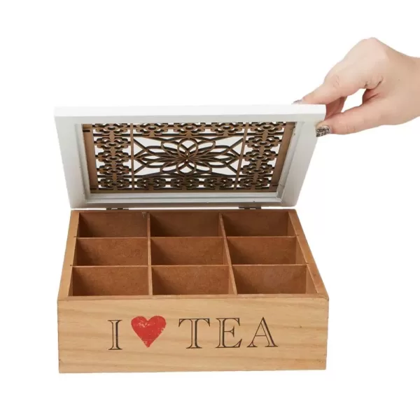 Mind Reader Brown Tea Box Storage Holder with Wood Floral Pattern