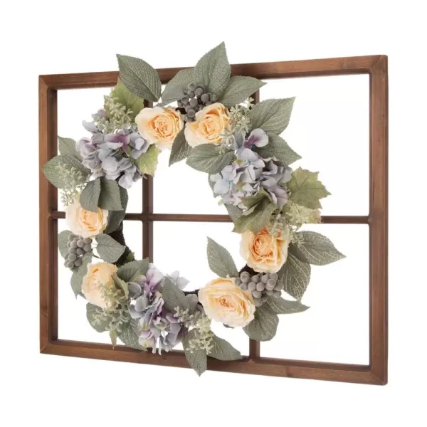 Glitzhome 22 in. Dia Hydrangea Rose Wreath with 28 in. H Wooden Window Frame