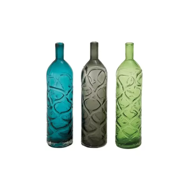 LITTON LANE 16 in. Polished Assorted Colors and Geometric Embossed Embellishments Glass Decorative Vases (Set of 3)