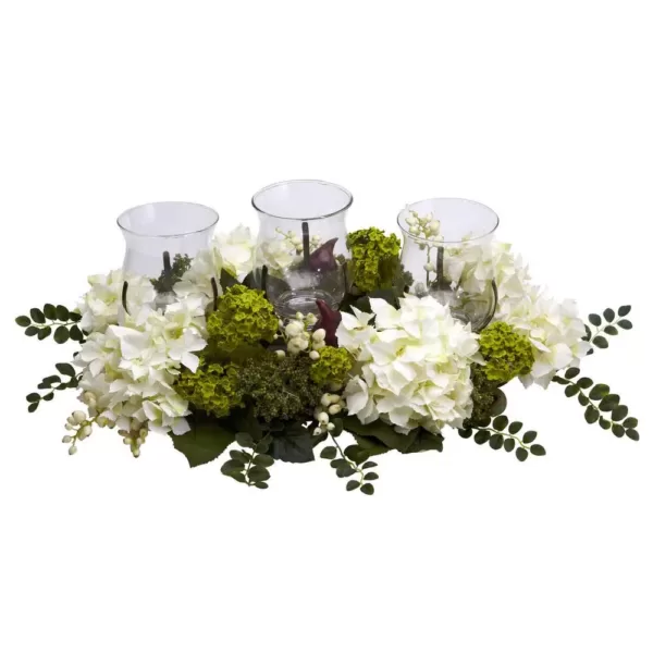 Nearly Natural 9.5 in. H White Snowball Hydrangea Triple Candelabrum