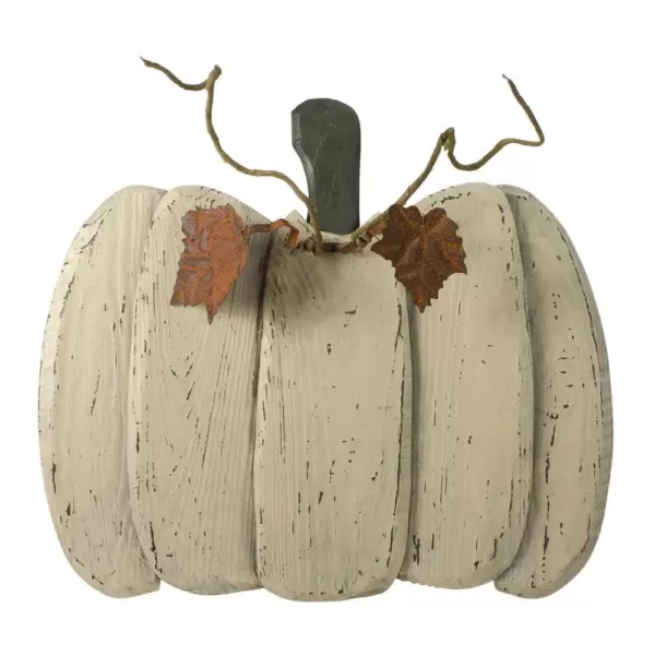 Northlight 13.5 in. Small White Wooden Fall Harvest Pumpkin with Leaves and Stem Indoor Decor