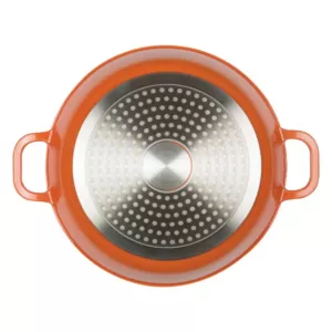 MasterPan Enamel 3 qt. Round Cast Aluminum Nonstick Casserole Dish in Orange with Lid